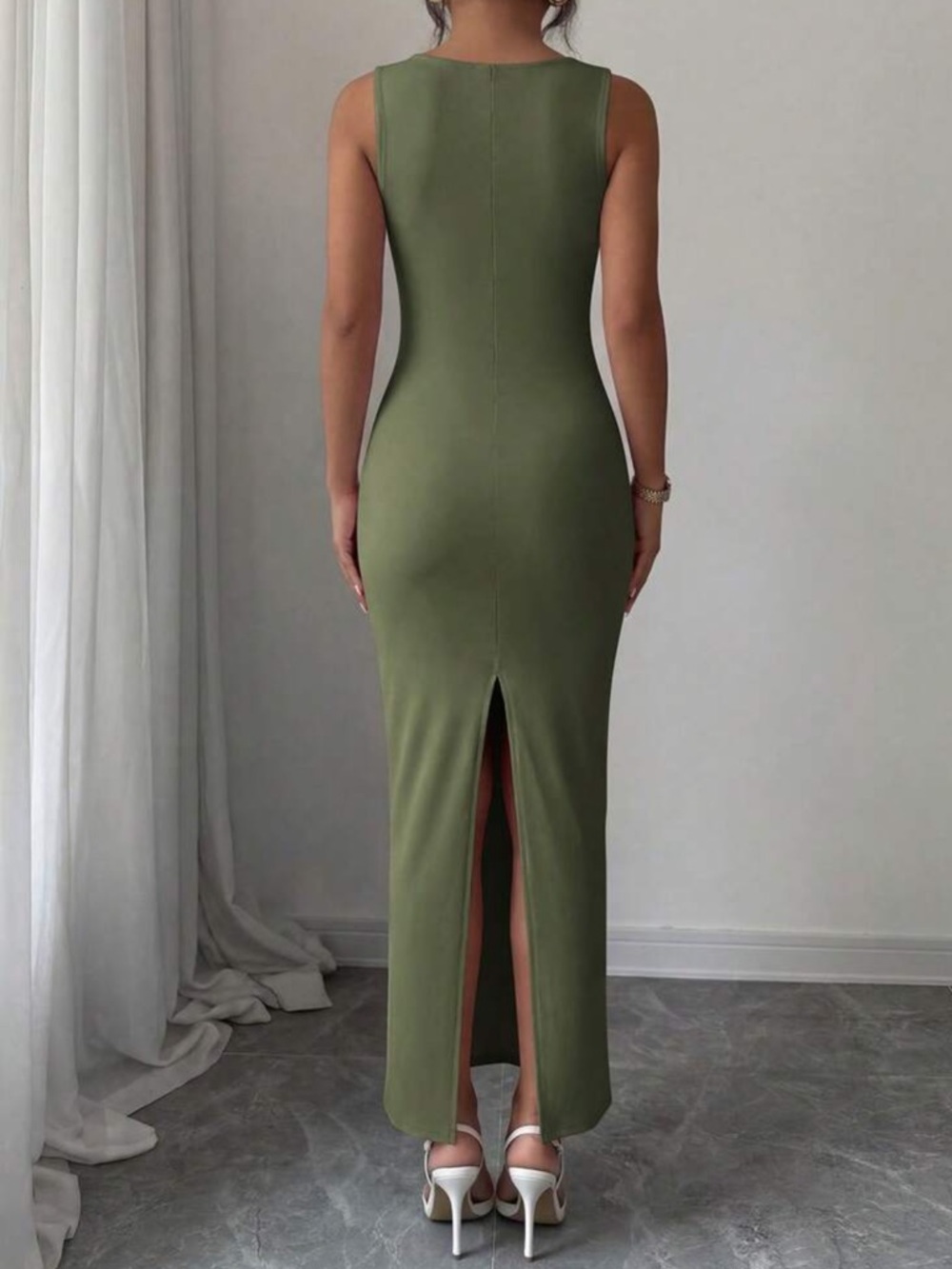 Sleeveless Green Ruched Cowl Neck Maxi Dress - Picture 2 of 5